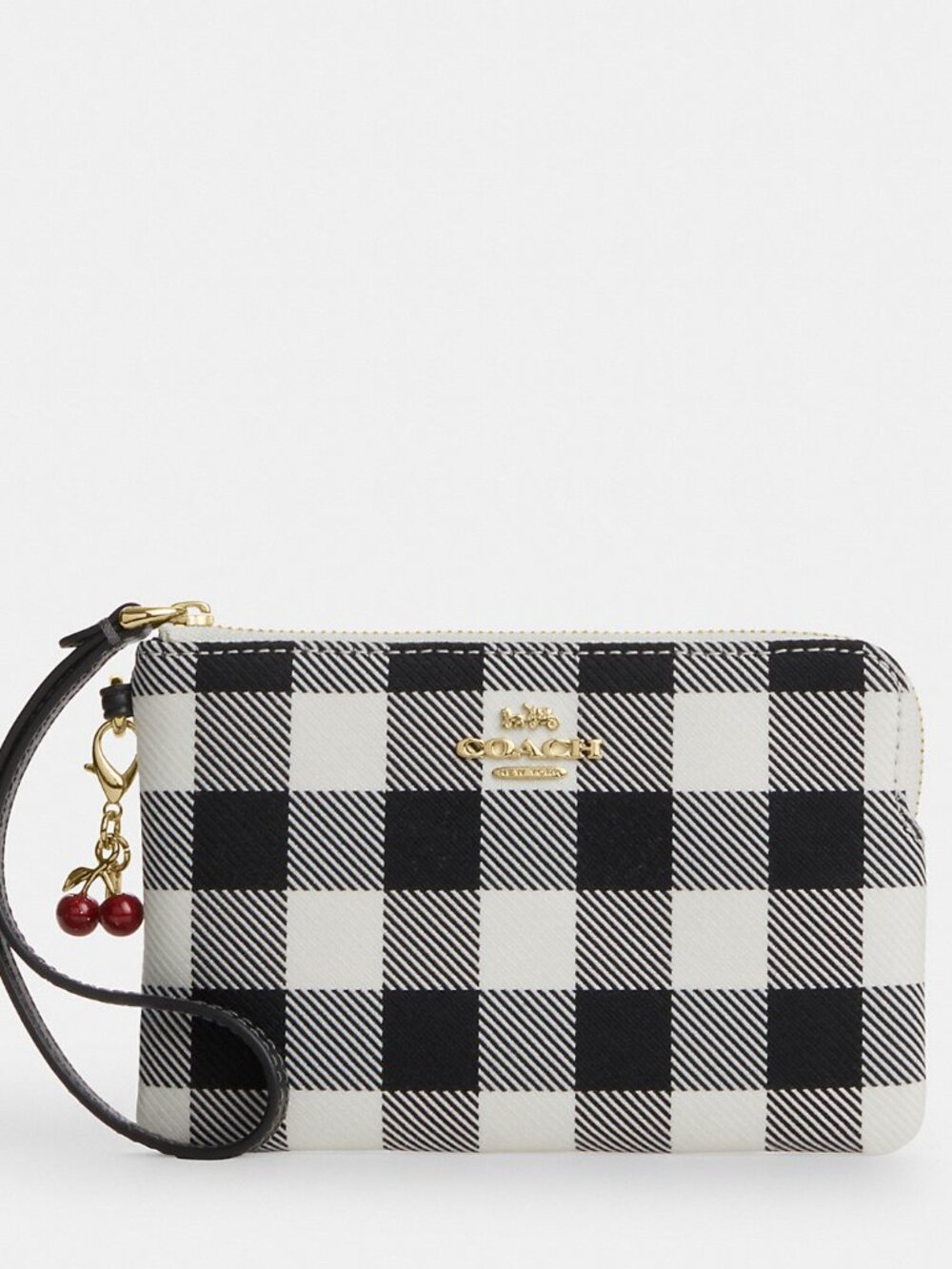Coach Corner Zip Wristlet With Gingham Print And Charm